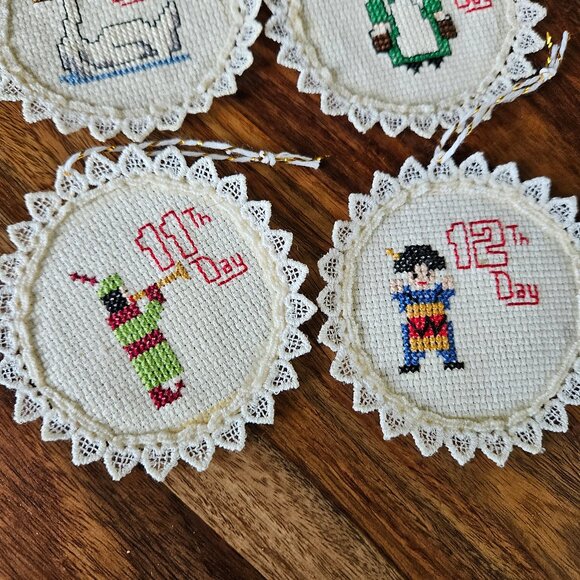 Vintage Cross Stitch Handmade Ornaments 12 Days of Christmas Complete Set Lace - Picture 5 of 5